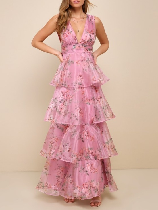 Lulus Dresses & Skirts - Lulus Garden Radiance Pink Floral Print Organza Tiered Maxi Dress - Size XL